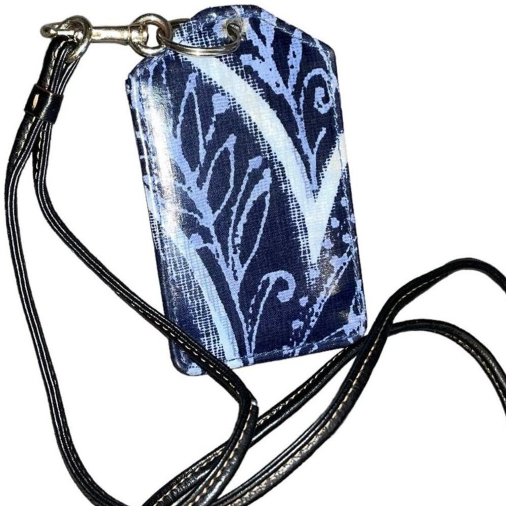 Vera Bradley Lanyard ID Case Card Wallet Indigo Plant Paisley Blue Quilted Fob